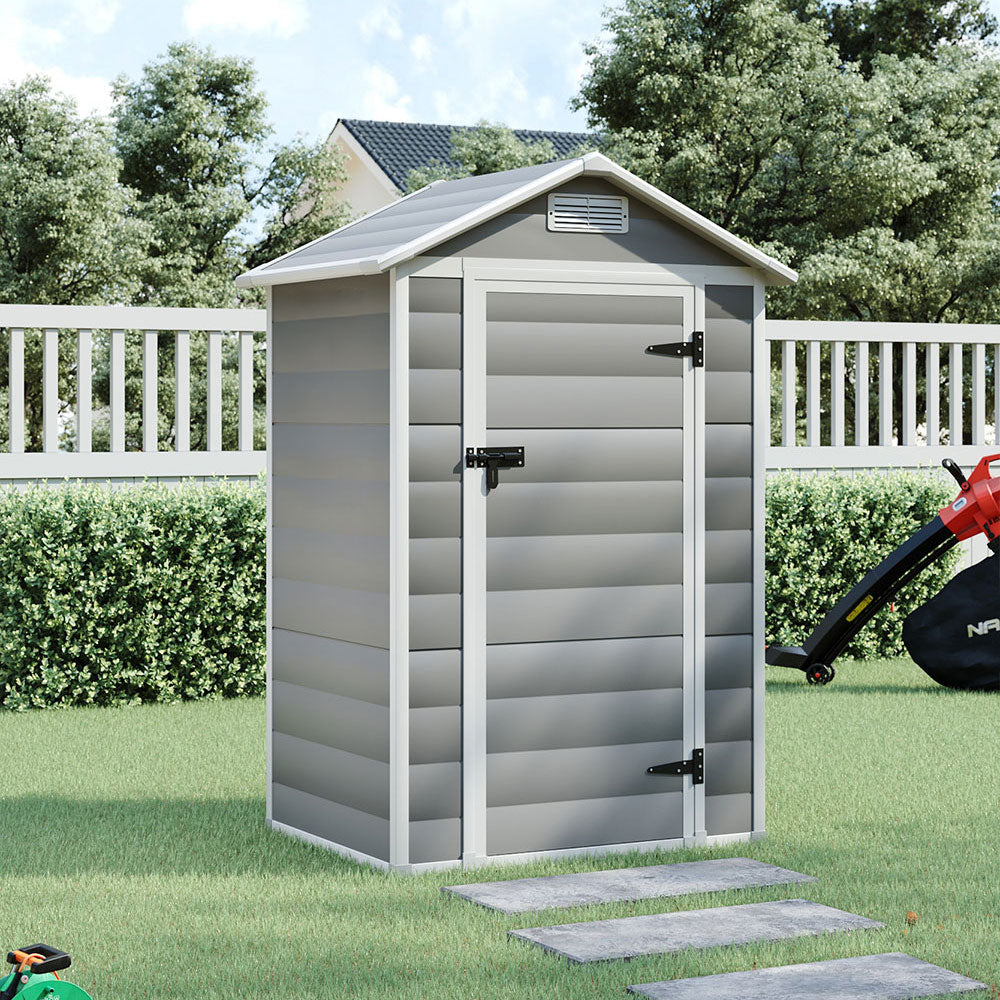 4x3ft grey plastic tool storage shed with lockable hinged door – compact and weather-resistant garden storage