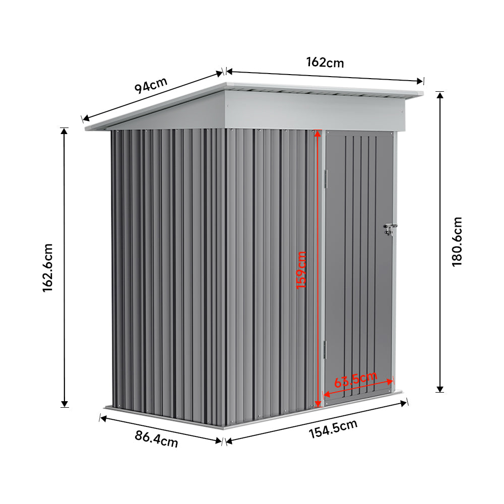 dimension chart of 5x3ft grey metal storage shed with exterior measurements in centimeters and inches