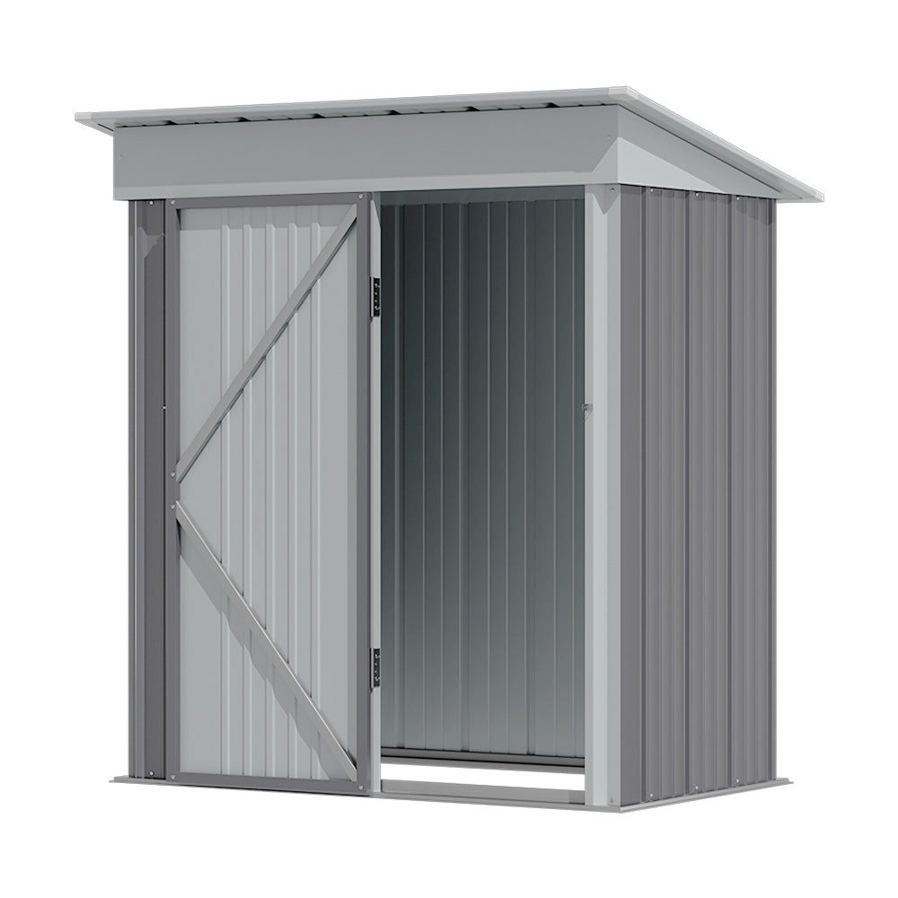 compact 5x3ft grey galvanized steel garden shed with lockable front door, isolated on white background