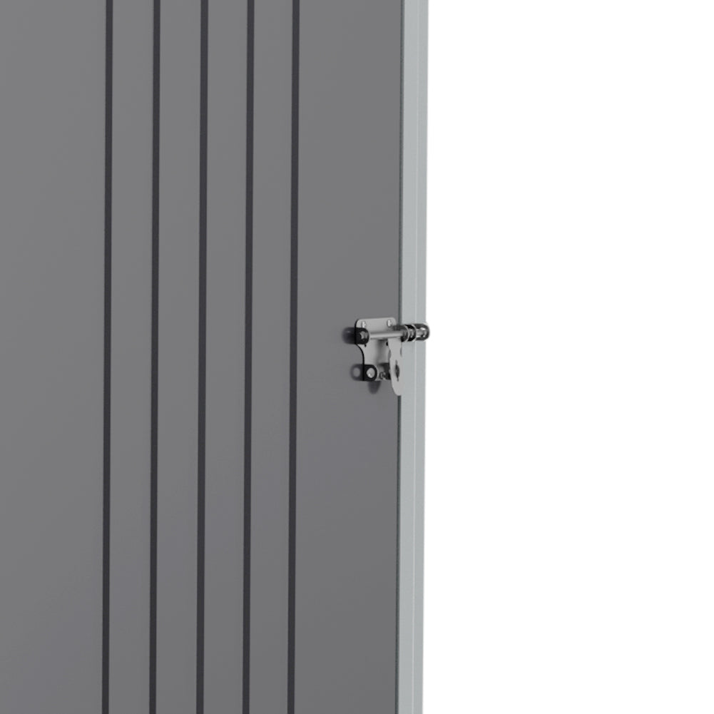 close-up of lockable metal door on 5x3ft garden shed with reinforced hinges and secure latch system