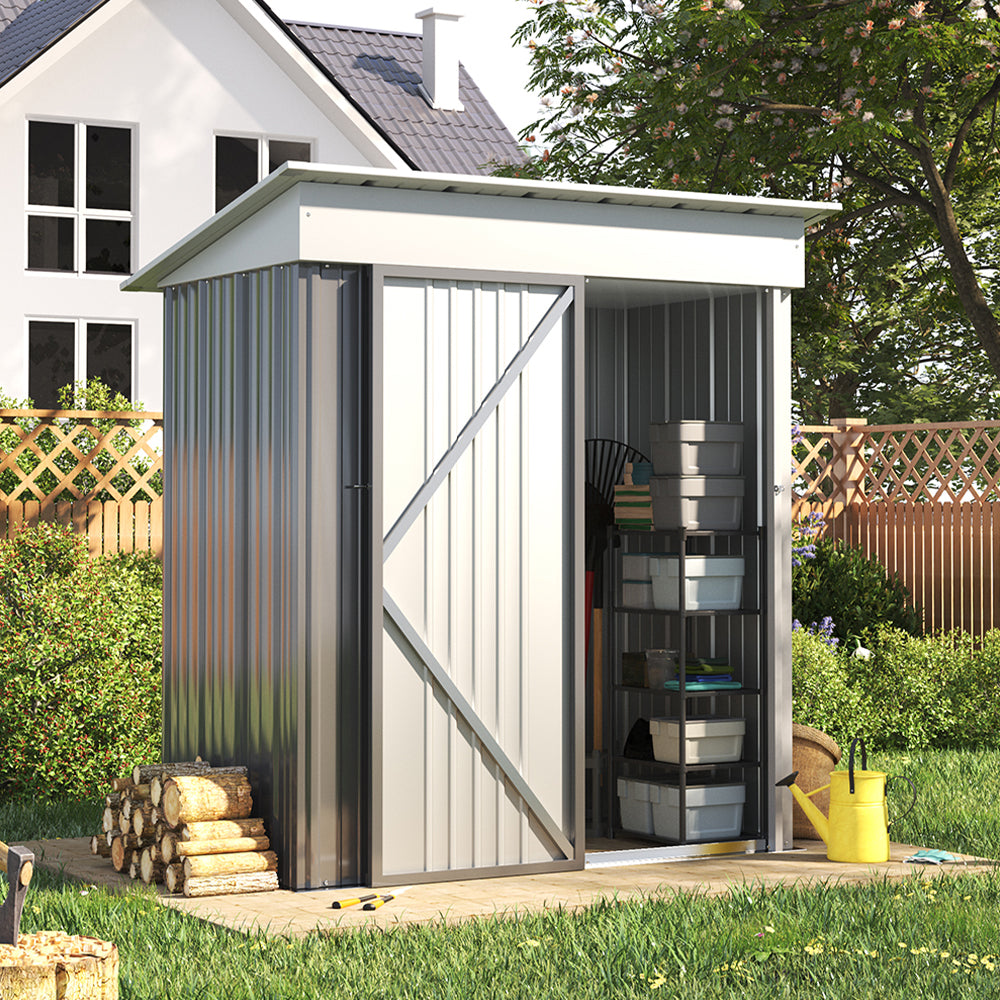 open 5x3ft outdoor metal shed in garden environment, displaying interior space for tool organization