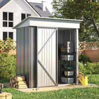 open 5x3ft outdoor metal shed in garden environment, displaying interior space for tool organization