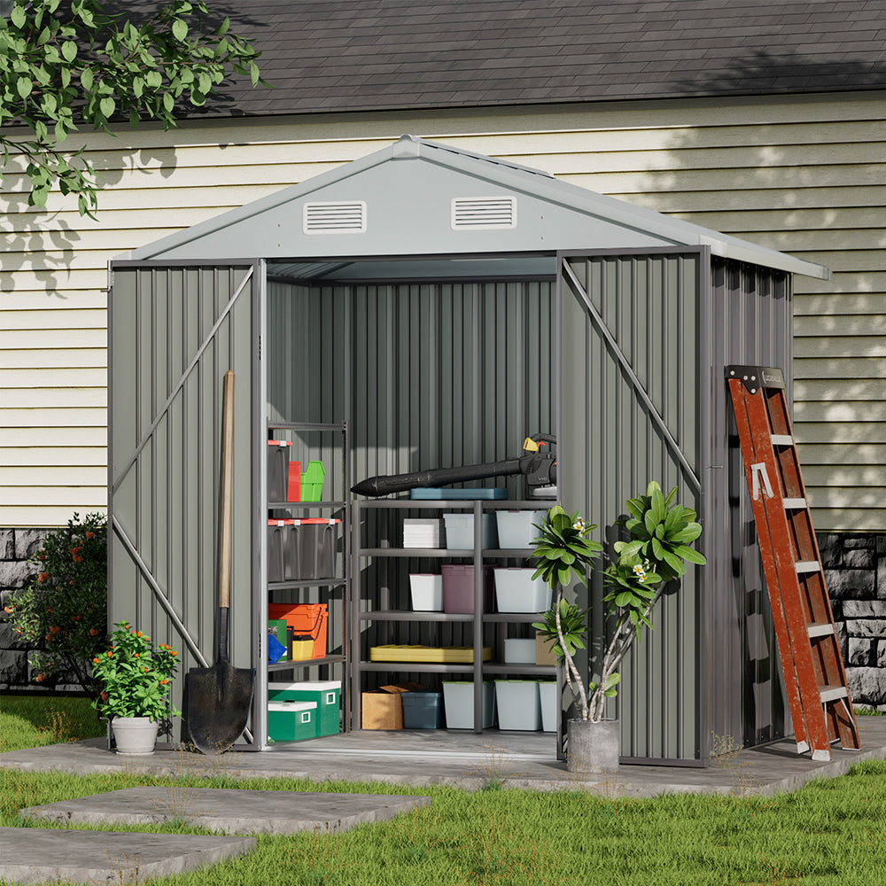 6x4ft Metal Storage Shed with Open Doors – Organised Tool Storage in Backyard Garden