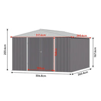 Dimensions of 10x8ft Galvanized Motorcycle Shed – Apex Roof Metal Storage Size Chart