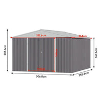 10x12ft lockable galvanized steel motorcycle shed with full exterior dimensions and layout diagram
