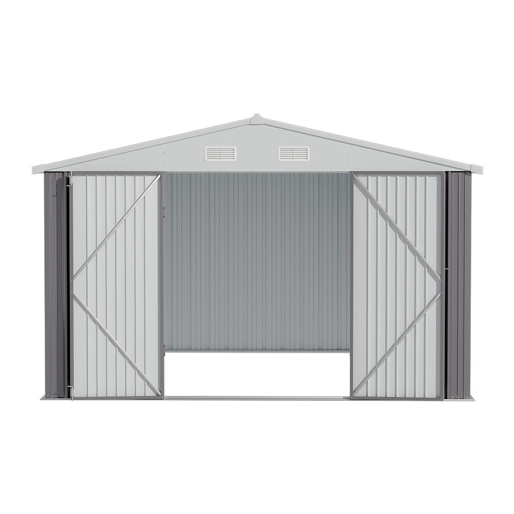 10x12ft lockable apex roof metal shed for motorcycles and tools, made from durable galvanized steel