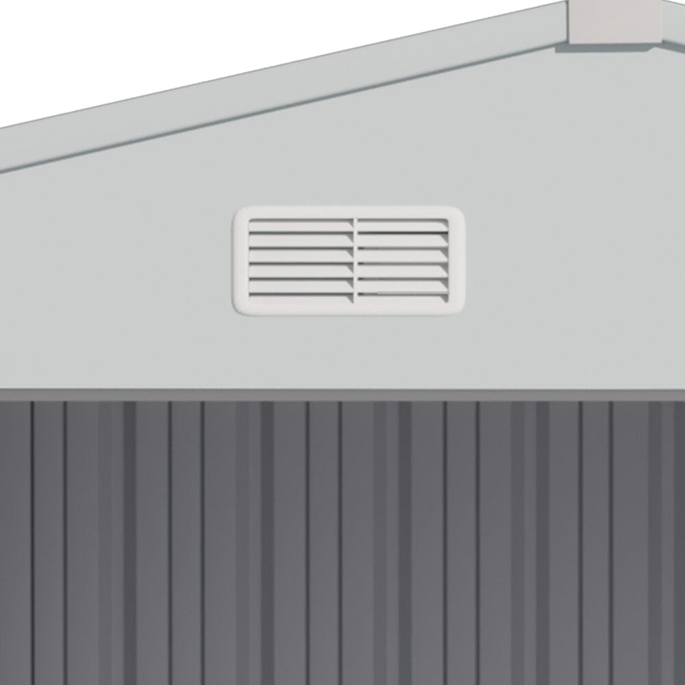 Close-up of built-in ventilation grille on galvanized steel apex shed for airflow and moisture control