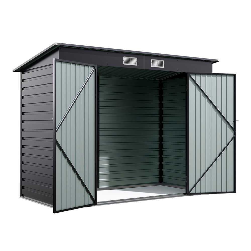 8x4ft galvanized steel outdoor garden shed with dual doors isolated on white background