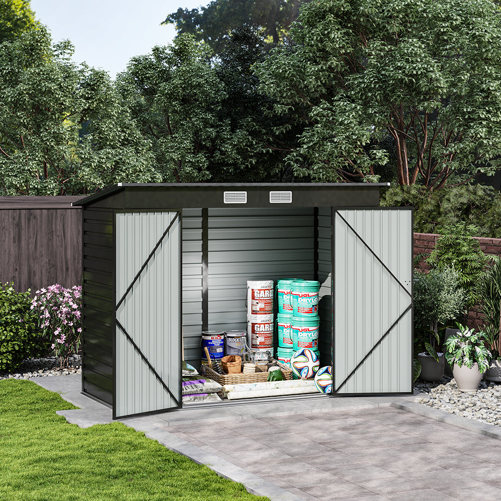 backyard scene showing 8x4ft galvanized steel shed with open doors storing garden tools and equipment
