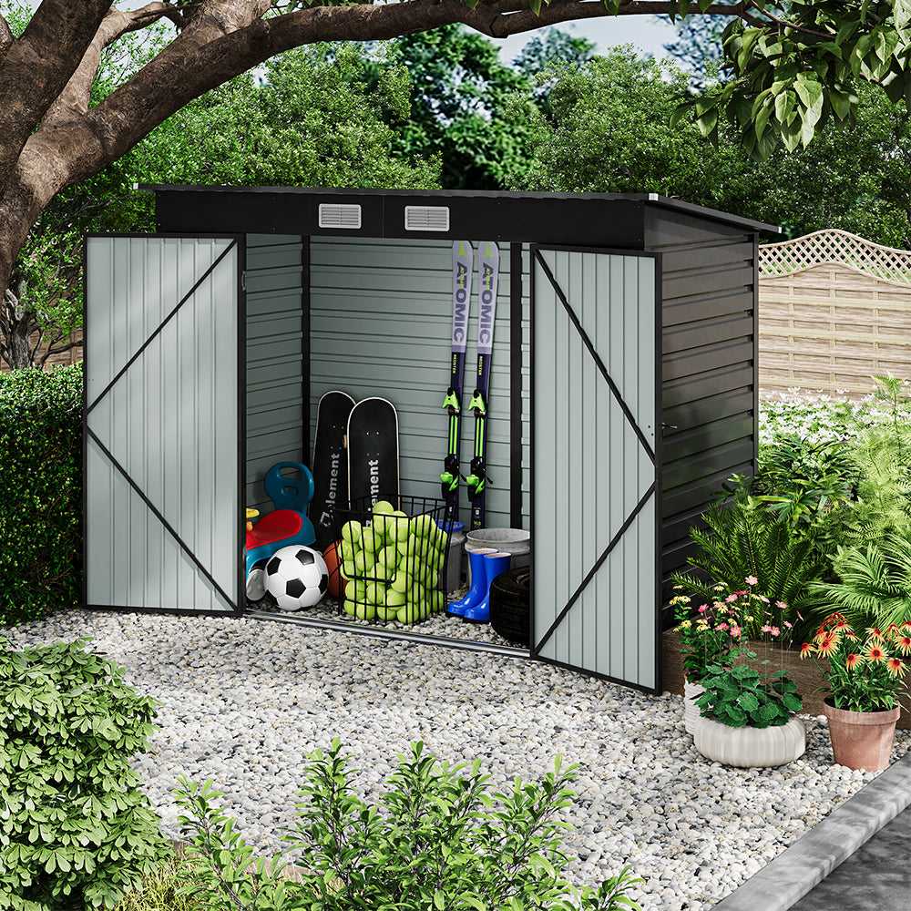 8x4ft galvanized steel tool storage shed with dual lockable doors and sloped roof for garden tools