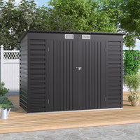 8x4ft galvanized steel garden shed with closed dual doors placed in outdoor garden setting