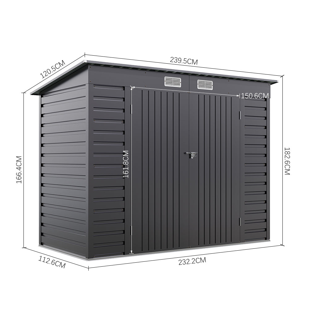 external dimension diagram of 8x4ft galvanized steel garden shed with width, depth, and height measurements