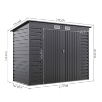 external dimension diagram of 8x4ft galvanized steel garden shed with width, depth, and height measurements