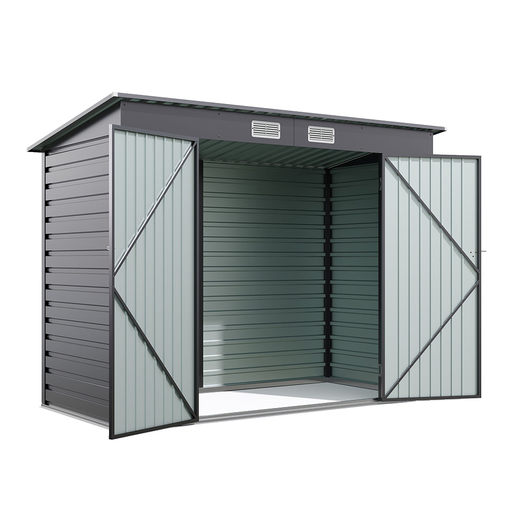 8x4ft metal garden shed with grey galvanized steel panels and double door entry, isolated on white background