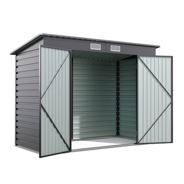 8x4ft metal garden shed with grey galvanized steel panels and double door entry, isolated on white background