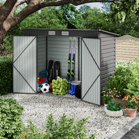 8x4ft grey galvanized steel garden storage shed with double doors and sloped pent roof
