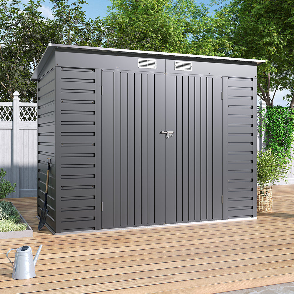 modern backyard setup with 8x4ft grey garden storage shed closed, ideal for tools and outdoor equipment