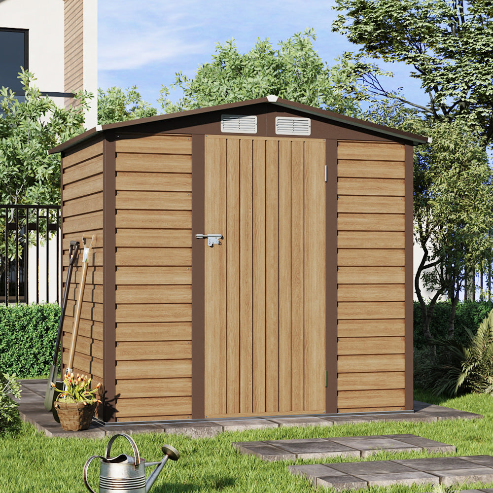 closed 6x4ft brown garden galvanized steel storage shed placed in backyard environment