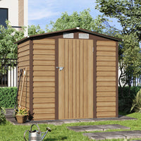closed 6x4ft brown garden galvanized steel storage shed placed in backyard environment
