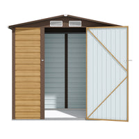 6x4ft brown galvanized steel garden shed isolated on white background with secure door