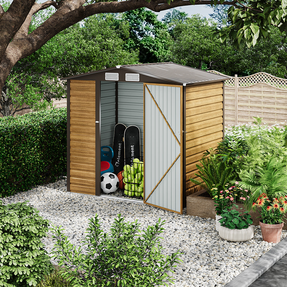 6x4ft brown galvanized steel garden shed with open door showing organized outdoor storage