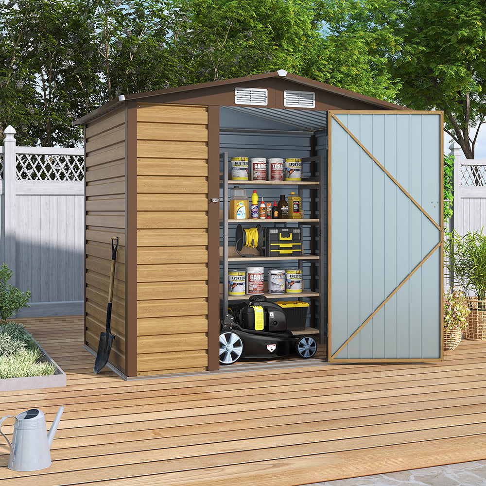 6x4ft brown galvanized steel garden storage shed with lockable door and pent roof design