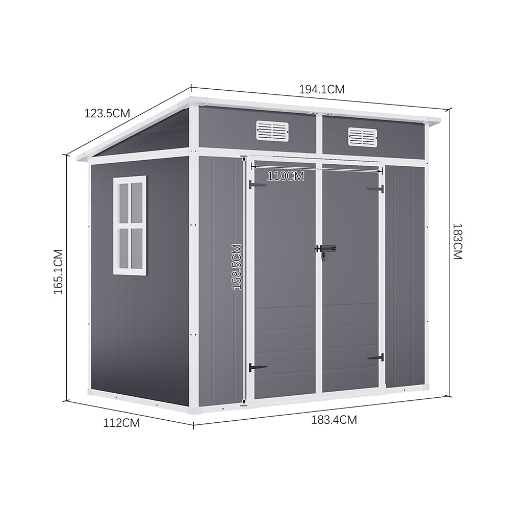 dimension chart of 6x4ft light grey plastic garden tool storage shed showing external measurements