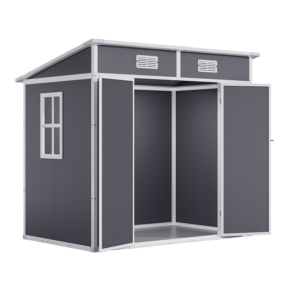 6x4ft light grey plastic garden storage shed isolated on white background, featuring lockable doors
