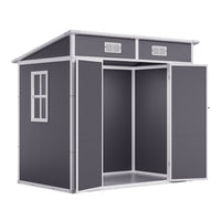 6x4ft light grey plastic garden storage shed isolated on white background, featuring lockable doors