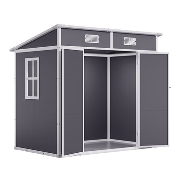 6x4ft light grey plastic garden storage shed isolated on white background, featuring lockable doors