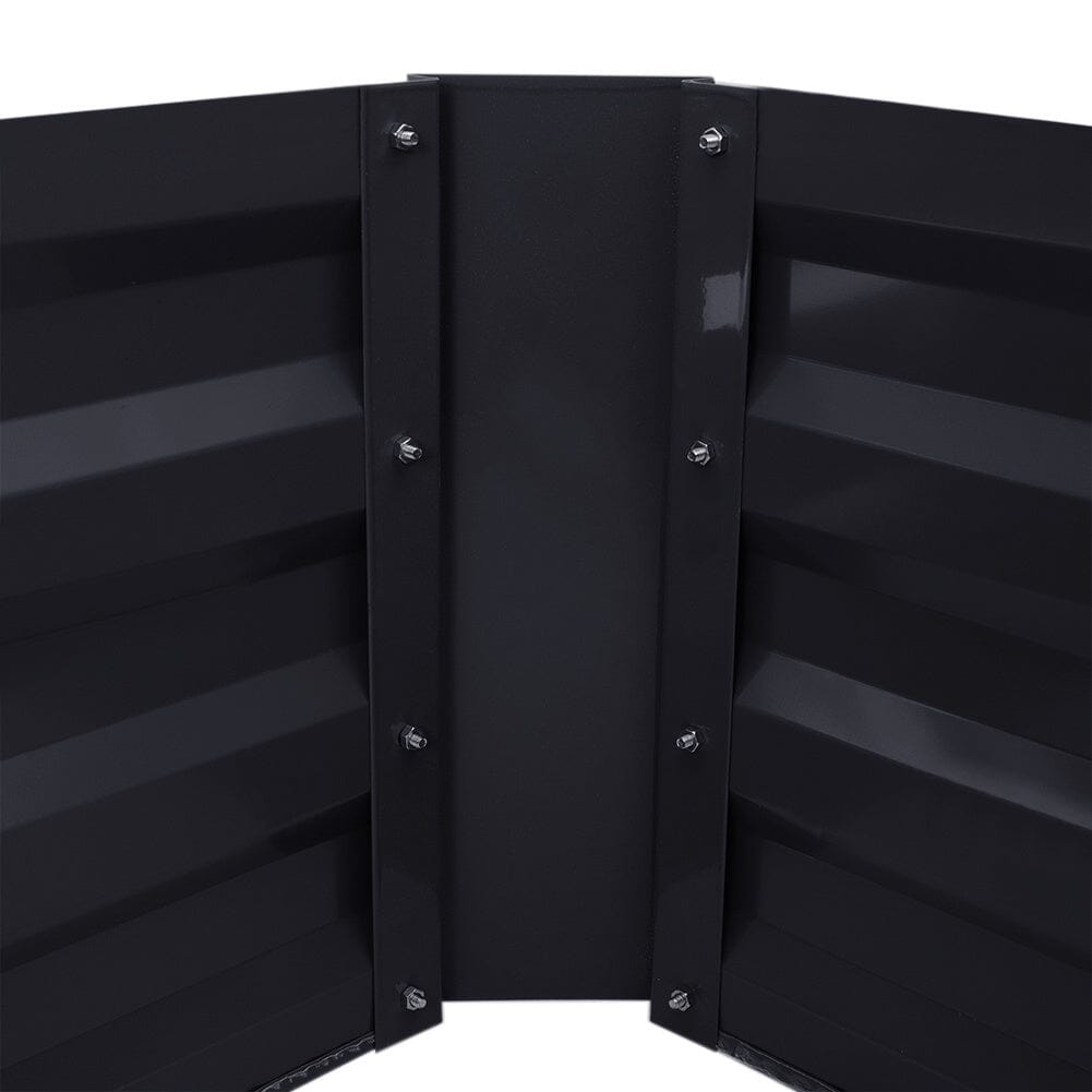 Close-up of the corner and side details of the Large Black Galvanized Steel Square Raised Garden Bed, showcasing its robust construction