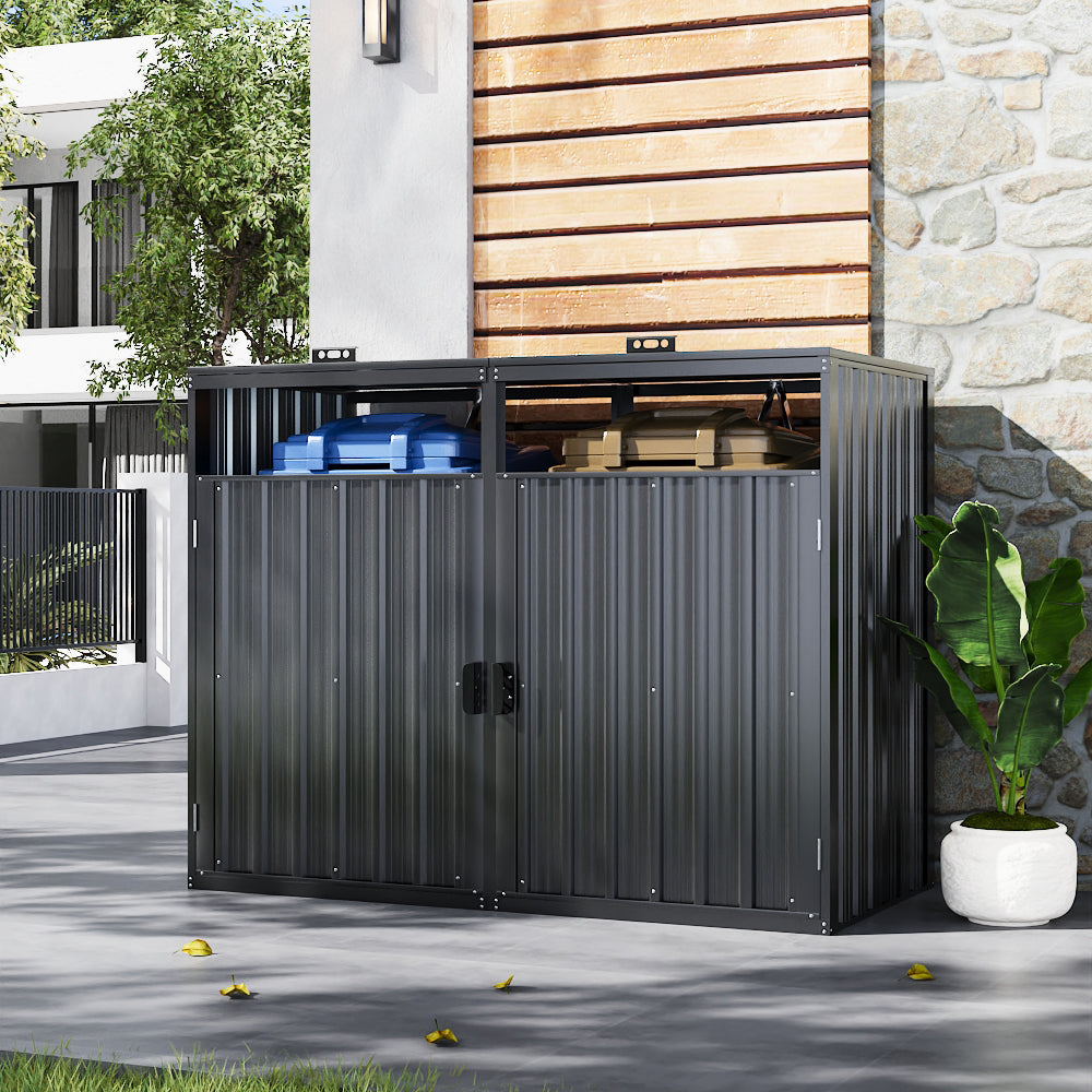 5x3ft galvanized steel garbage can storage shed placed beside house wall – dark grey outdoor bin cover