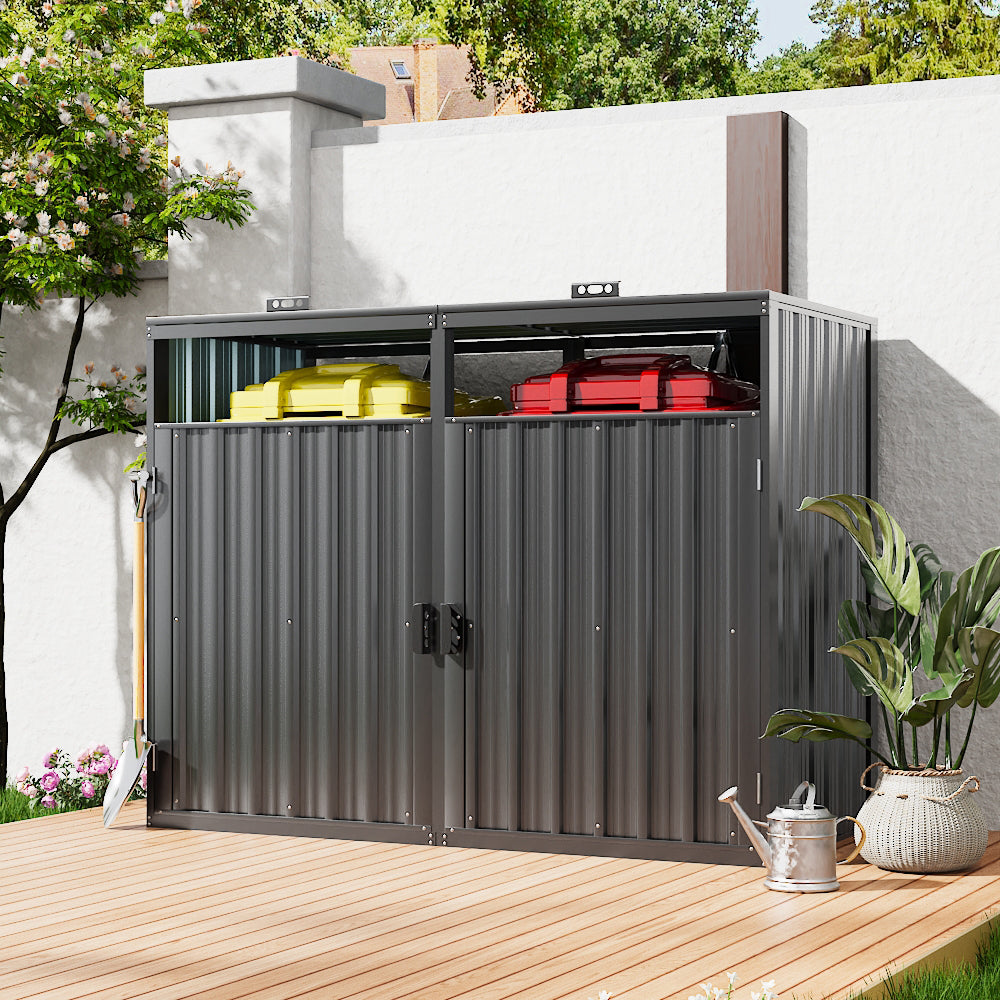 5x3ft metal bin shed against garden wall – compact outdoor garbage storage in dark grey finish
