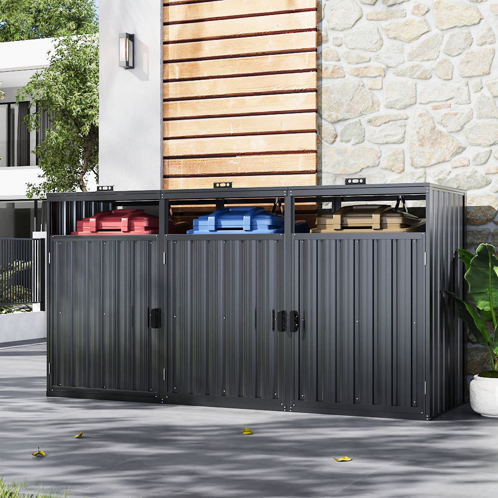 8x3ft garden metal bin shed against house wall – weatherproof dark grey waste storage solution