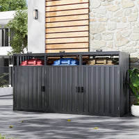 8x3ft garden metal bin shed against house wall – weatherproof dark grey waste storage solution