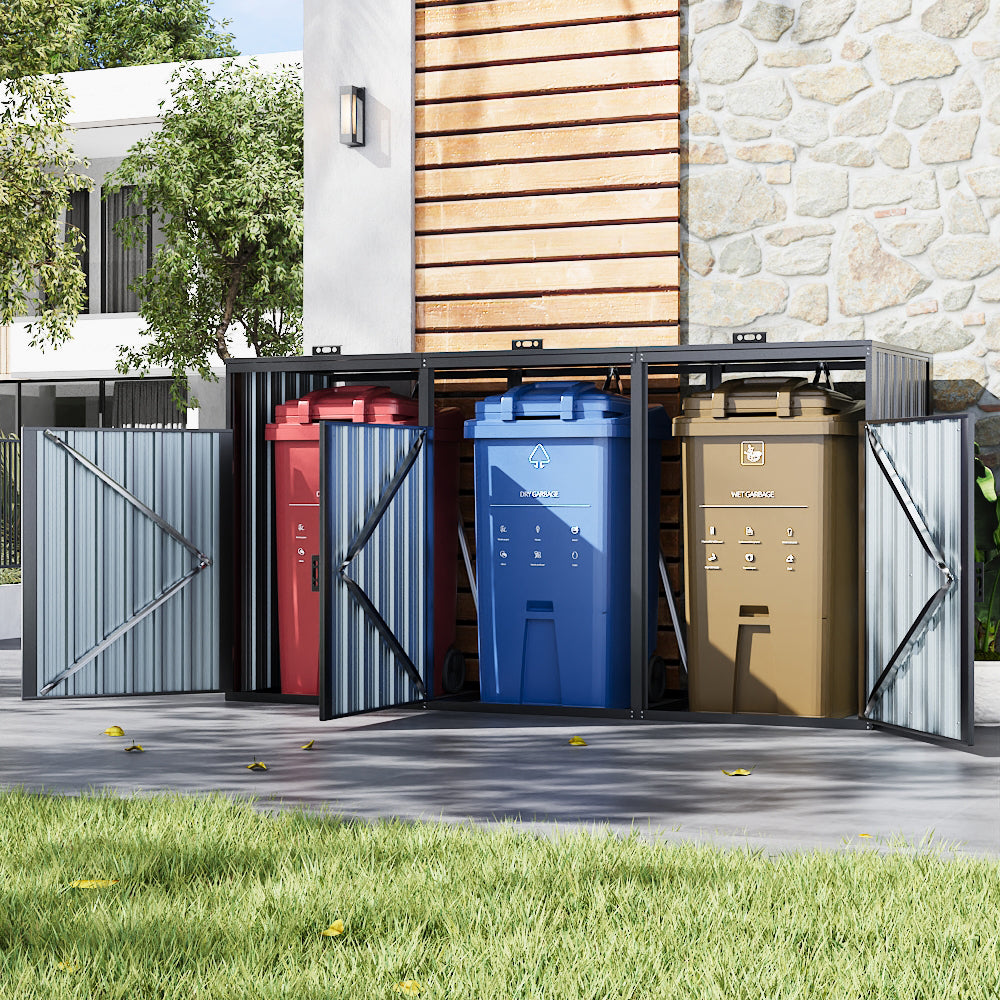8x3ft dark grey garden metal bin storage shed – large galvanized steel outdoor rubbish container shelter