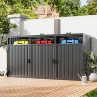 8x3ft outdoor garbage bin storage shed in dark grey – galvanized steel unit placed beside fence