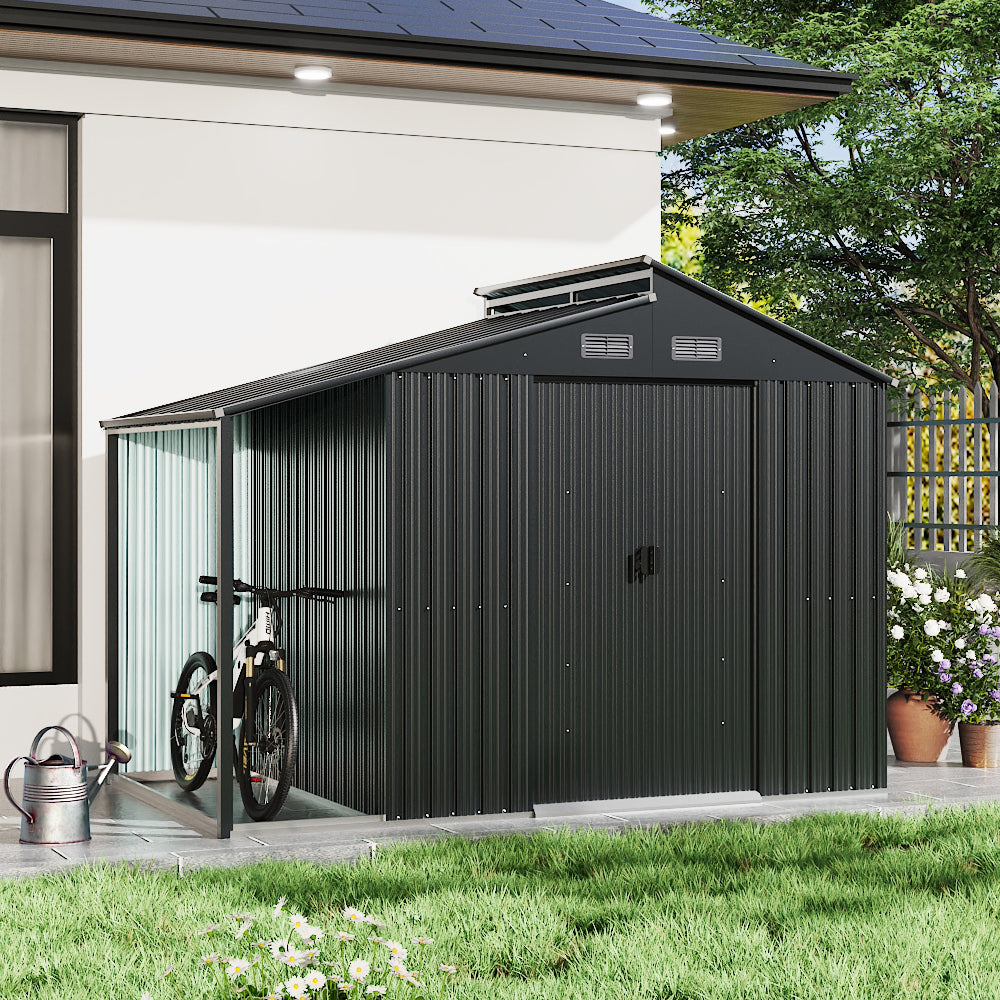 Durable 10x5ft grey metal shed with lean-to roof – closed-door view in modern backyard setting