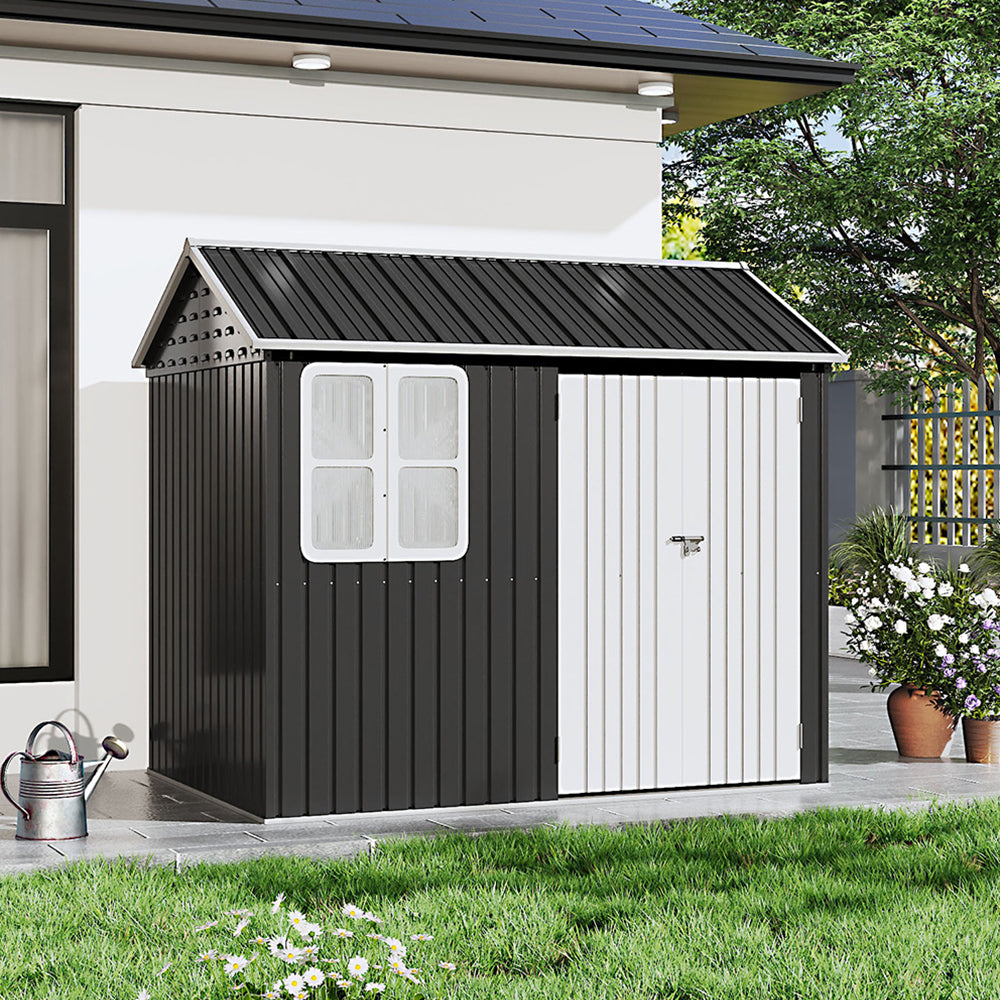 Sleek 8x5ft apex roof outdoor storage shed in charcoal black – closed-door view in garden setting