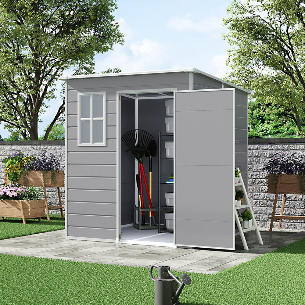 Spacious 6x6ft grey garden shed with open doors – ideal for tool storage in backyard setting