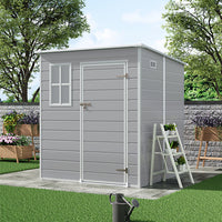 6x6ft grey PP outdoor storage shed with pent roof, window, and vent – weather-resistant plastic garden shed