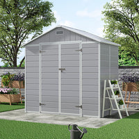 8x4ft grey plastic garden tool storage shed with double doors – durable weatherproof outdoor storage solution