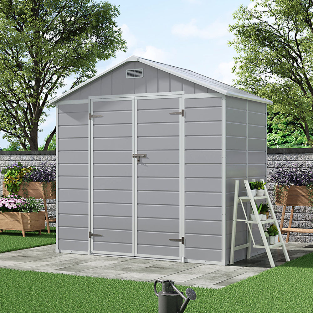 8x4ft grey plastic garden tool storage shed with double doors – durable weatherproof outdoor storage solution