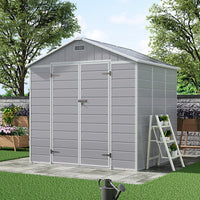8x6ft grey plastic garden storage shed with gable roof and double doors – ideal for storing tools and equipment outdoors