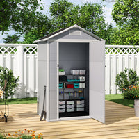 4x3ft outdoor garden shed with open door showing organized tool storage in backyard setting
