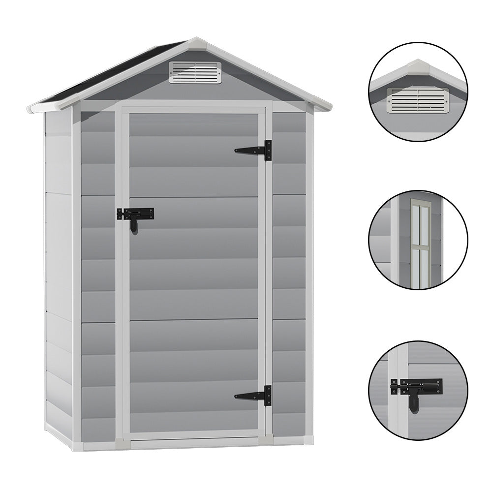close-up details of door lock, roof apex, and weather-resistant panels on 4x3ft garden storage shed