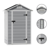close-up details of door lock, roof apex, and weather-resistant panels on 4x3ft garden storage shed