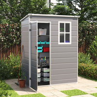 5x3ft grey waterproof plastic garden storage shed with lockable door and sloped roof for outdoor tools