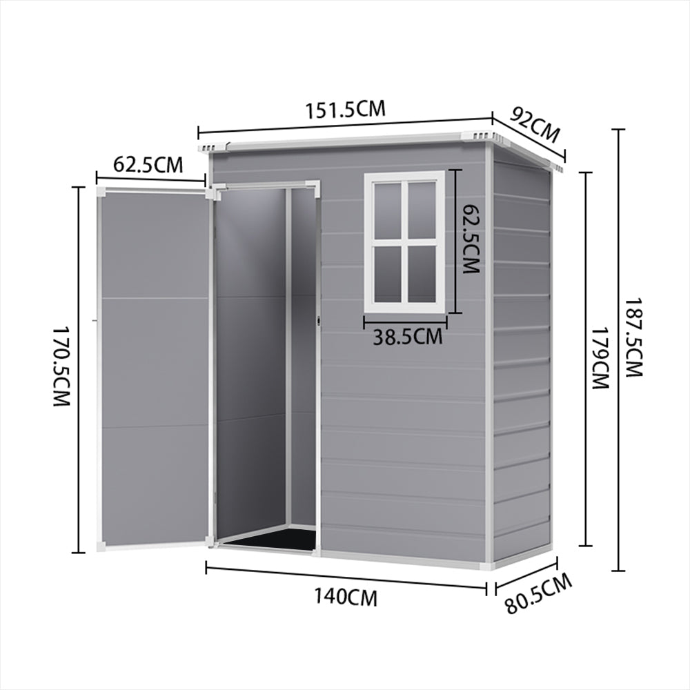 external dimension diagram of 5x3ft grey plastic storage shed for outdoor space planning