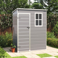 5x3ft waterproof plastic shed placed in garden setting with door closed, ideal for backyard storage